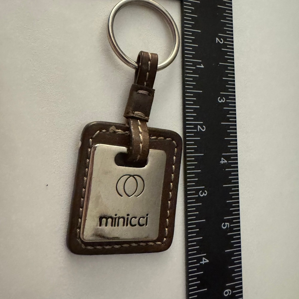 Minicci Keychain Key Ring Brown Leather Silver Tone Logo‎ Keyfob
